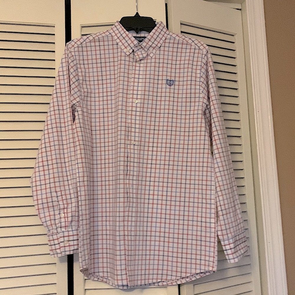 Collared, button down shirt. Light blue, coral and navy plaid on white.